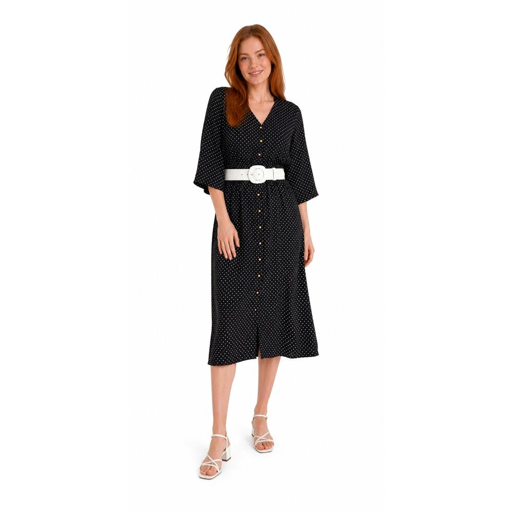 More Promises Black White Polka Dot Midi Dress Women’s 20W Shown Belted